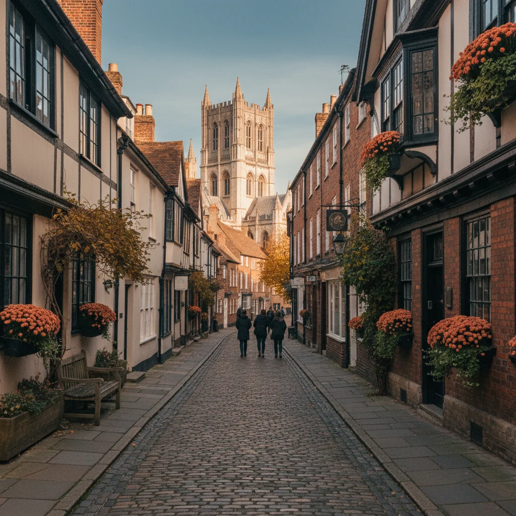 A view across Lincoln's Steep Hill in the late afternoon — limestone Georgian frontages climbing toward the cathedral towers, brick terraces with sash windows, soft autumn light